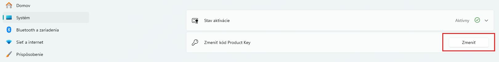 Windows 11 – tlačítko Změnit kód Product Key na obrazovce Aktivace