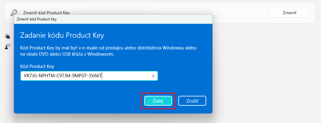 Windows 11 – dialog pro zadání generického produktového klíče VK7JG-NPHTM