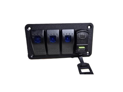 Hliníkový přepínací panel 3x vypínač / LED voltmetr / 1x USB + 1x USB-C