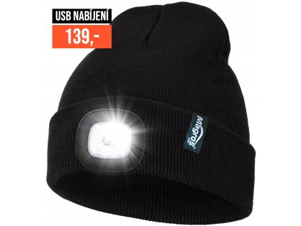 Zimni cepice s LED lampickou Celni svetlo USB nabijeni Tepla cerna