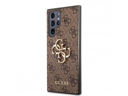 Guess PU 4G Metal Logo Zadní Kryt pro Samsung Galaxy S22 Ultra Brown