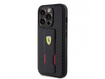 Ferrari Carbon Grip Stand Zadní Kryt pro iPhone 15 Pro Black