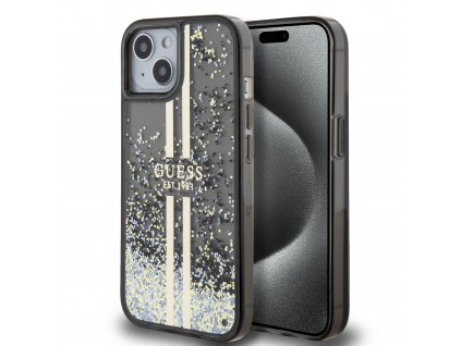 Guess PC/TPU Liquid Glitter Gold Stripe Zadní Kryt pro iPhone 15 Black