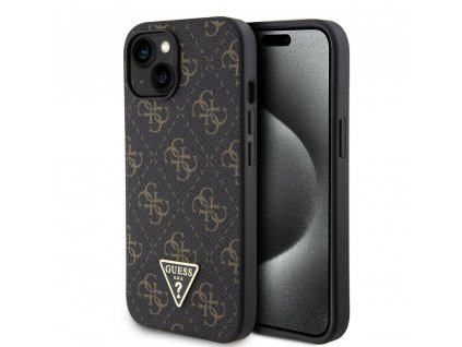 Guess PU Leather 4G Triangle Metal Logo Zadní Kryt pro iPhone 15 Black