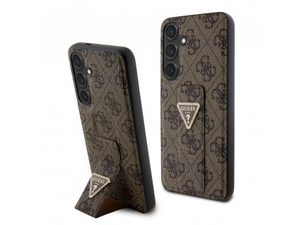 Guess PU Grip Stand 4G Strass Triangle Metal Logo Zadní Kryt pro Samsung Galaxy S24+ Brown