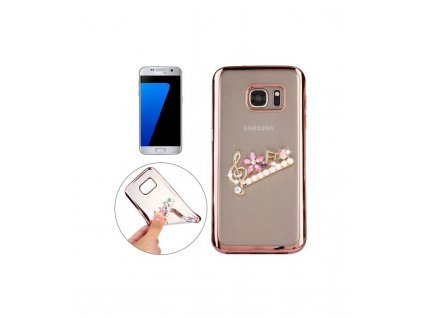 Luxusné puzdro Samsung Galaxy S7 s kamienkami priesvitné so zlatoružovým rámikom motív Noty