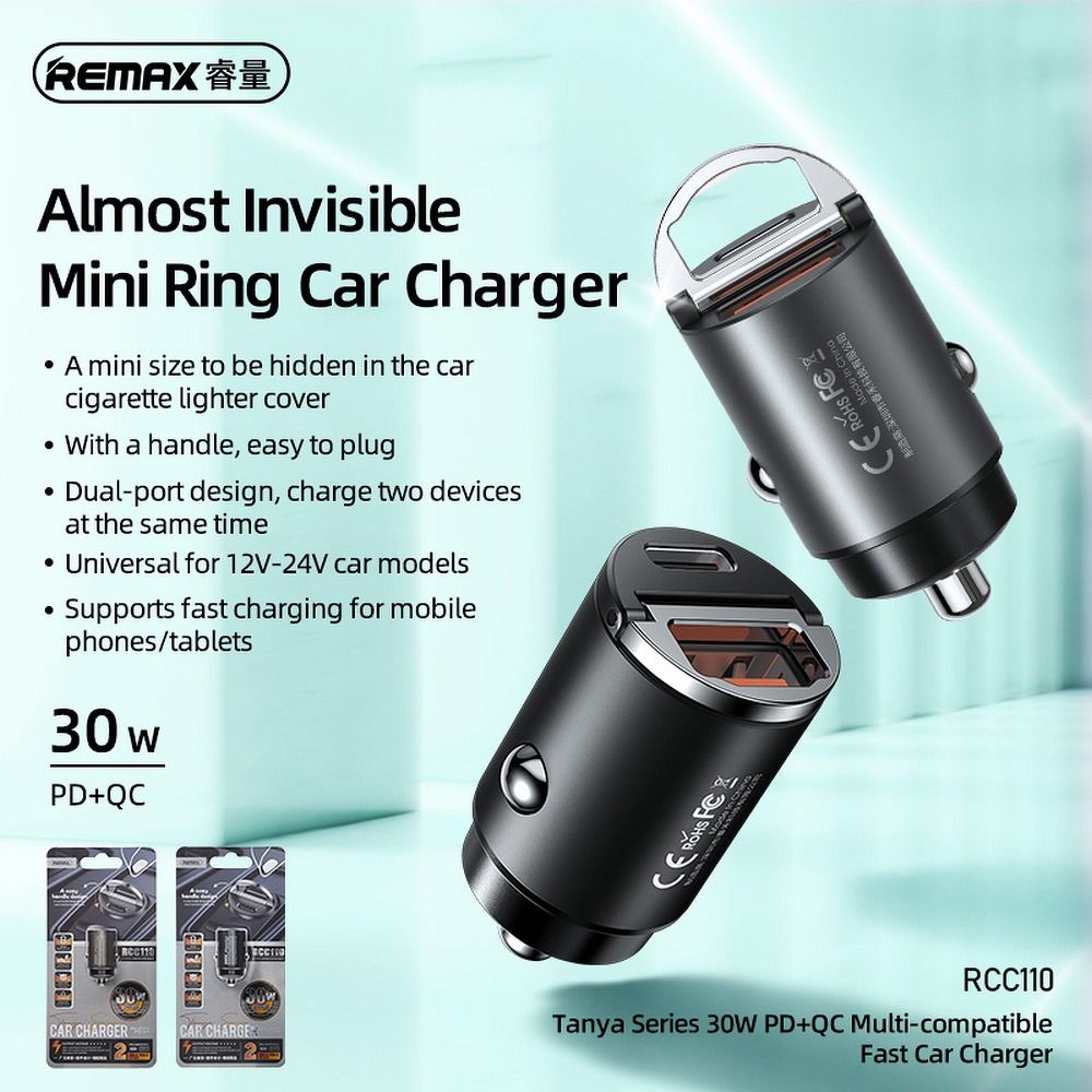 2v1 Autonabíjačka REMAX Dual Port Type C / USB / 30W čierna farba