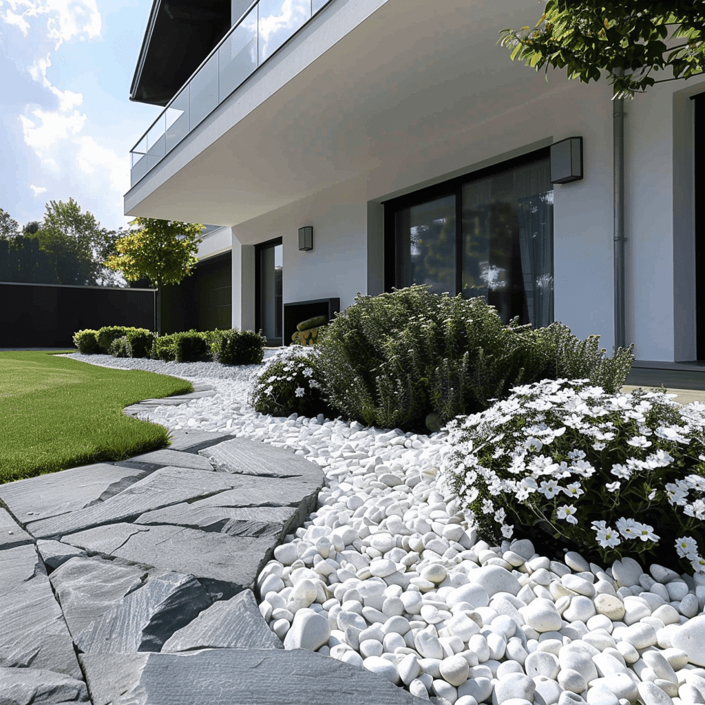 Očarujúce záhrady s bielymi mramorovými kamienkami: Elegancia a praktickosť pre váš exteriér