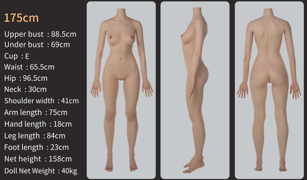 ZELEX 175 cm E-cup – rozměry těla podle výrobce, pohled zepředu, z boku a zezadu