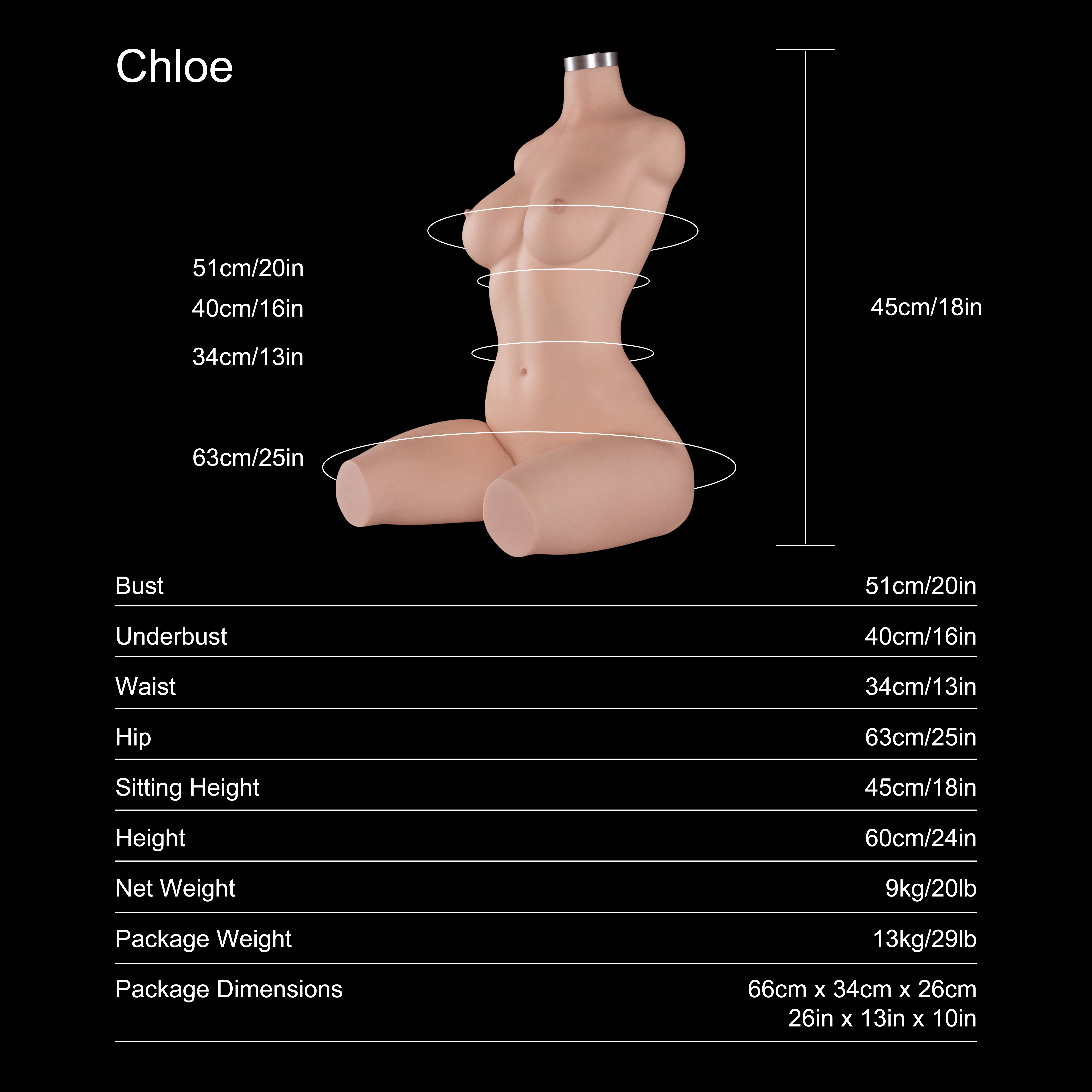 Dripana Chloe 60cm A-Cup Torso Fair – rozměry, hmotnost a technické parametry