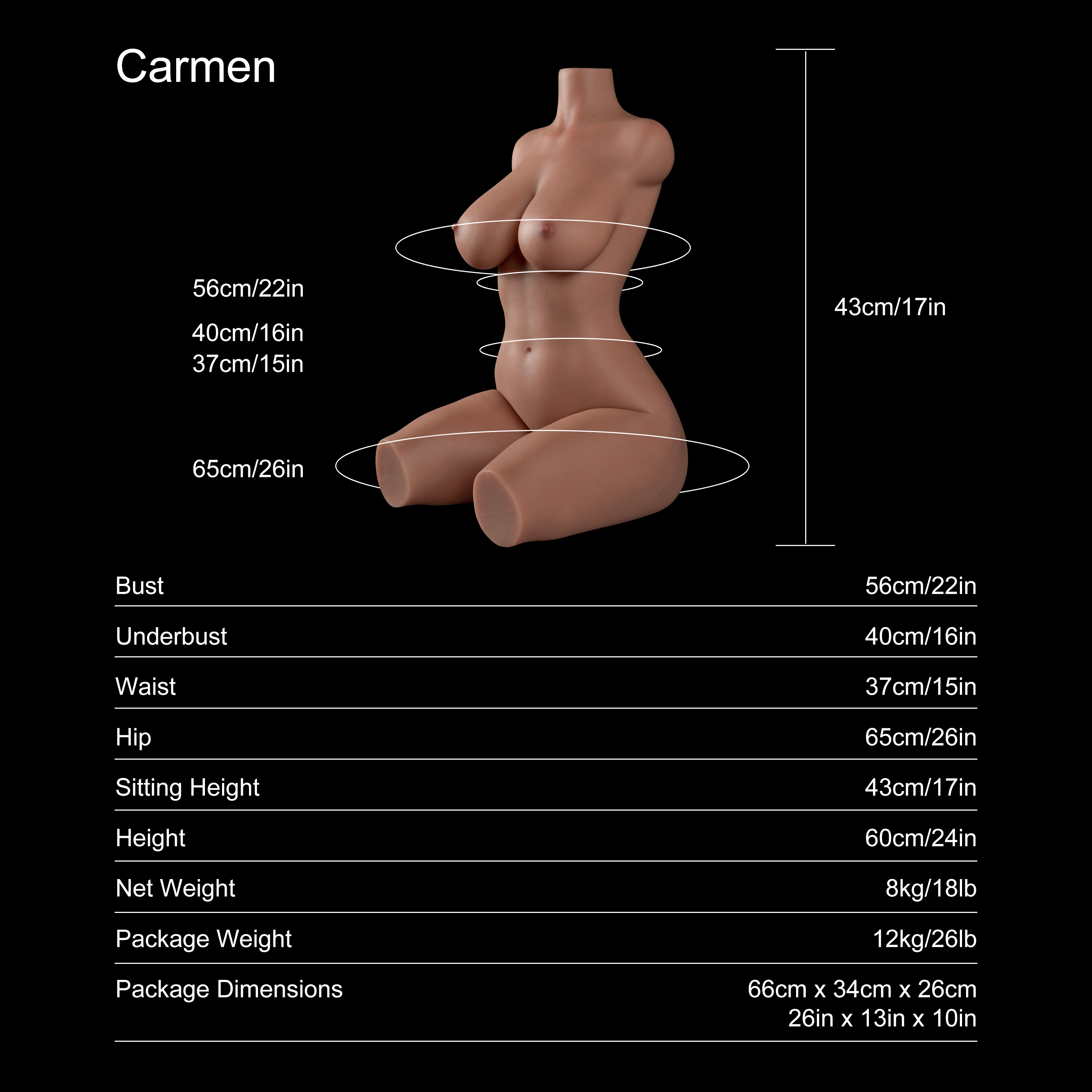 Dripana Carmen 60cm C-Cup Torso Tan – rozmery, hmotnosť a technické parametre