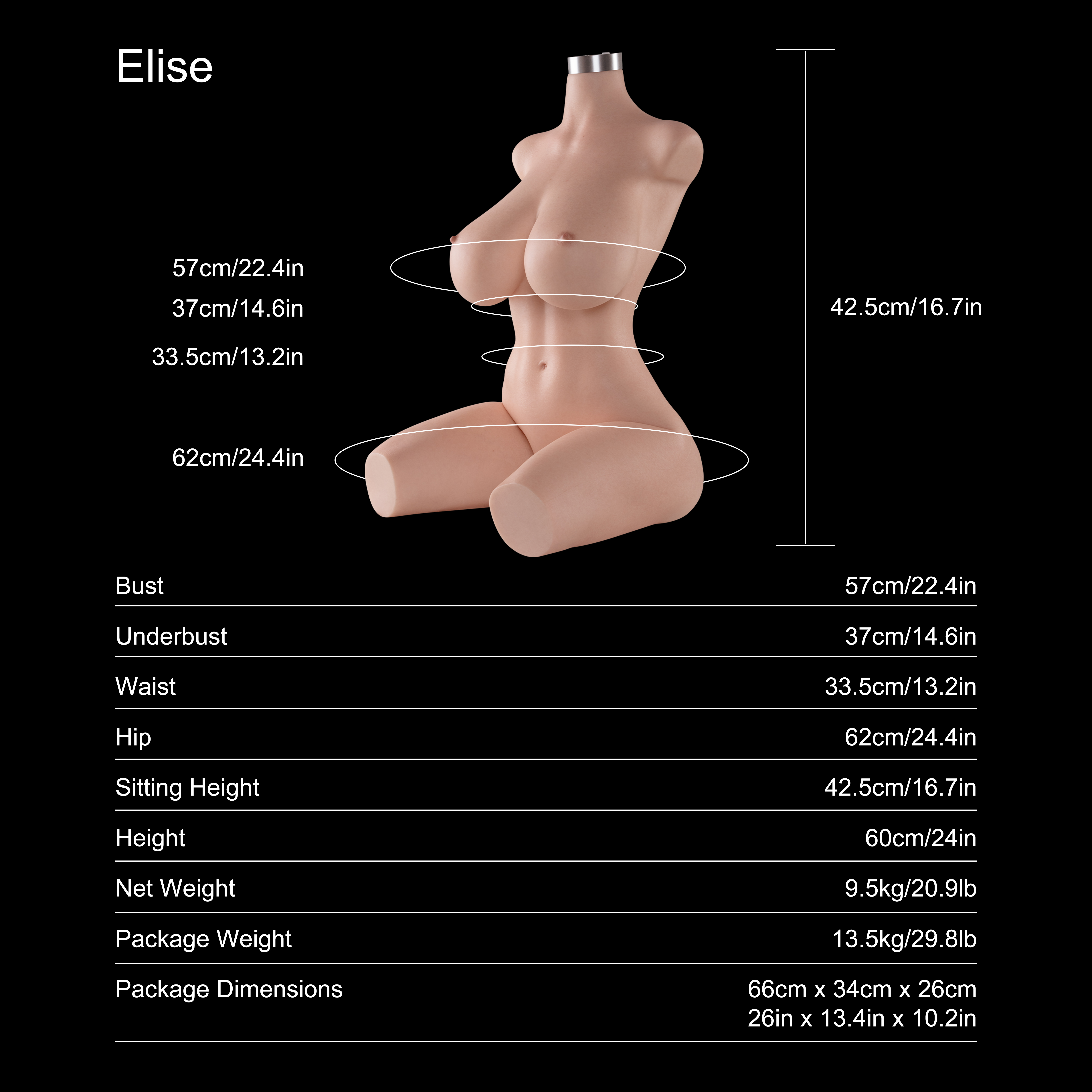 Dripana Elise 60cm E-Cup Torso Fair – dimensions, weight and technical specifications