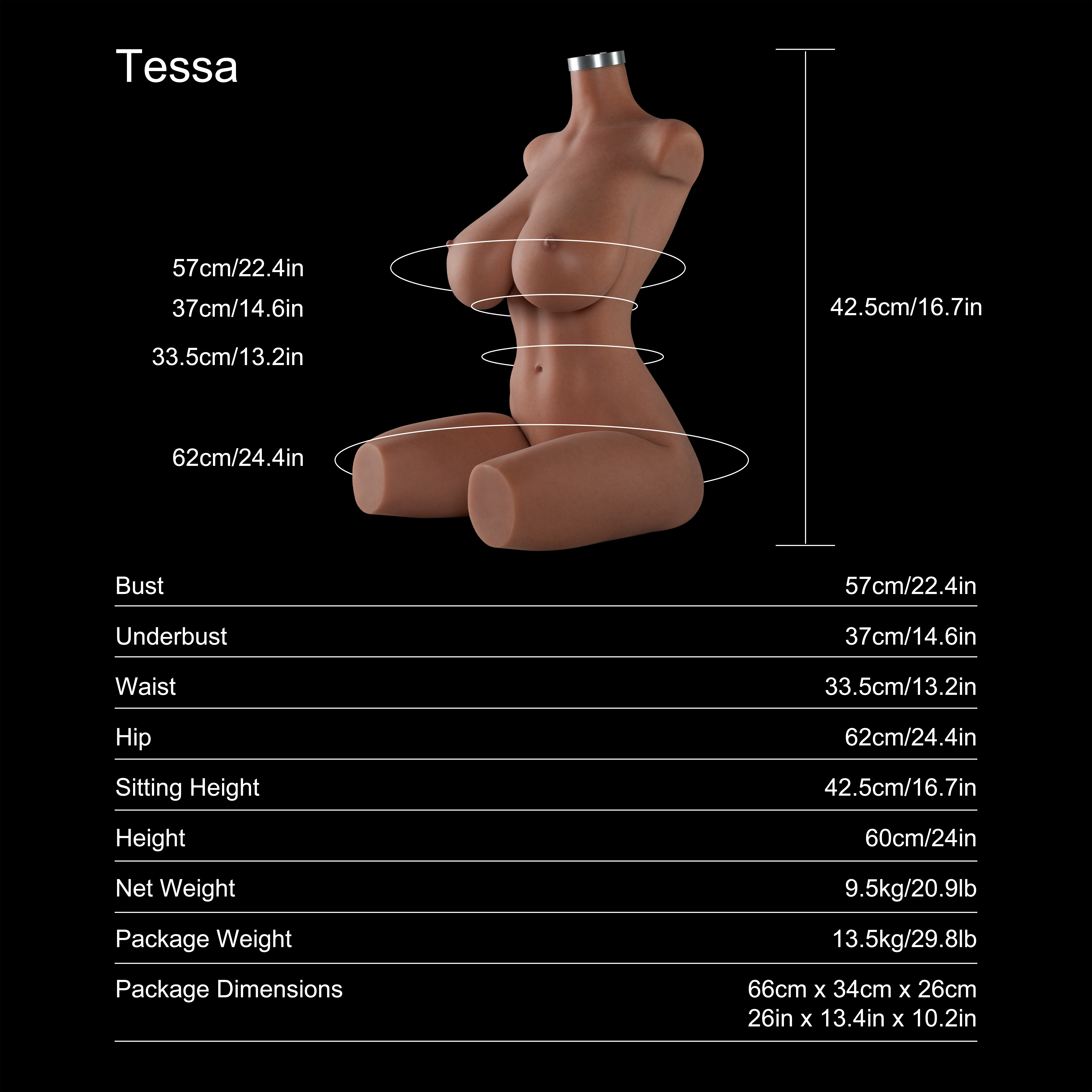 Dripana Tessa 60cm E-Cup Torso Tan – Maße, Gewicht und technische Daten