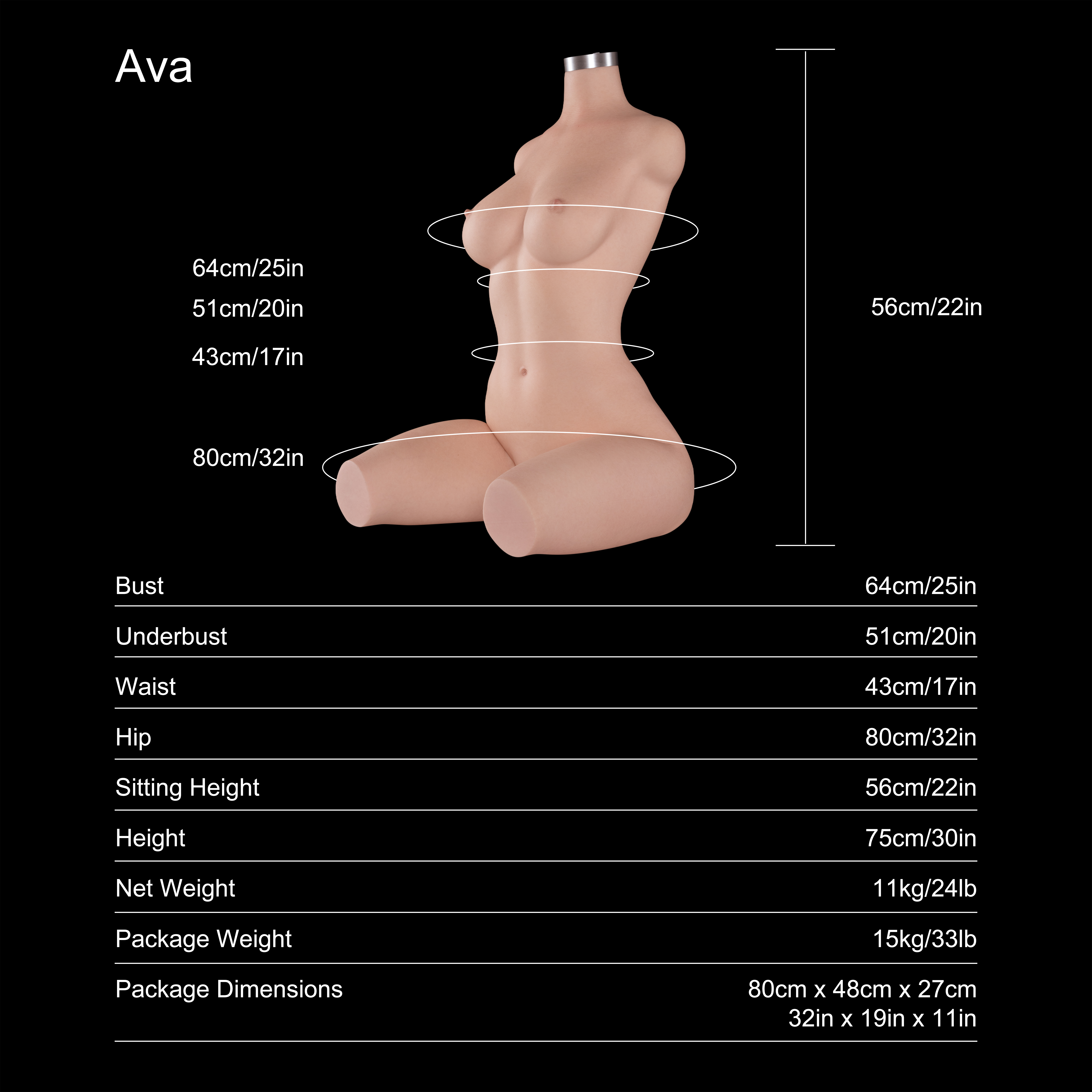 Dripana Ava 75 cm B-cup realistické silikonové torzo Fair