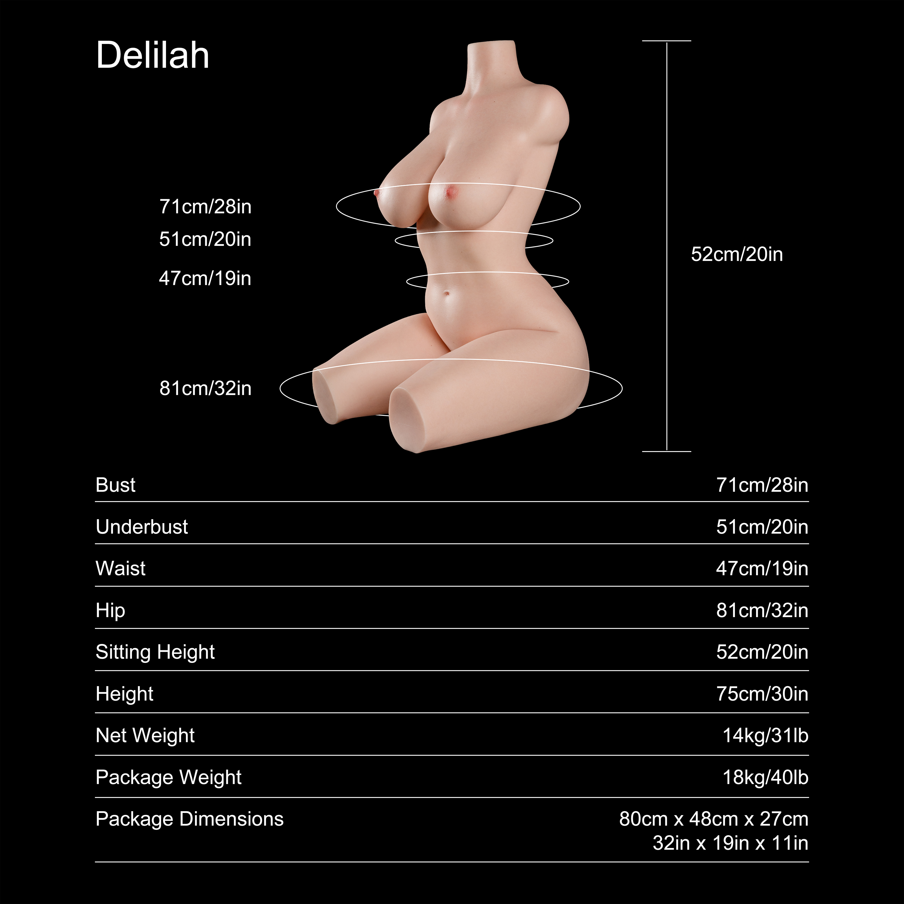 Dripana Delilah 75cm E-Cup Torso Fair – rozměry, hmotnost a technické parametry