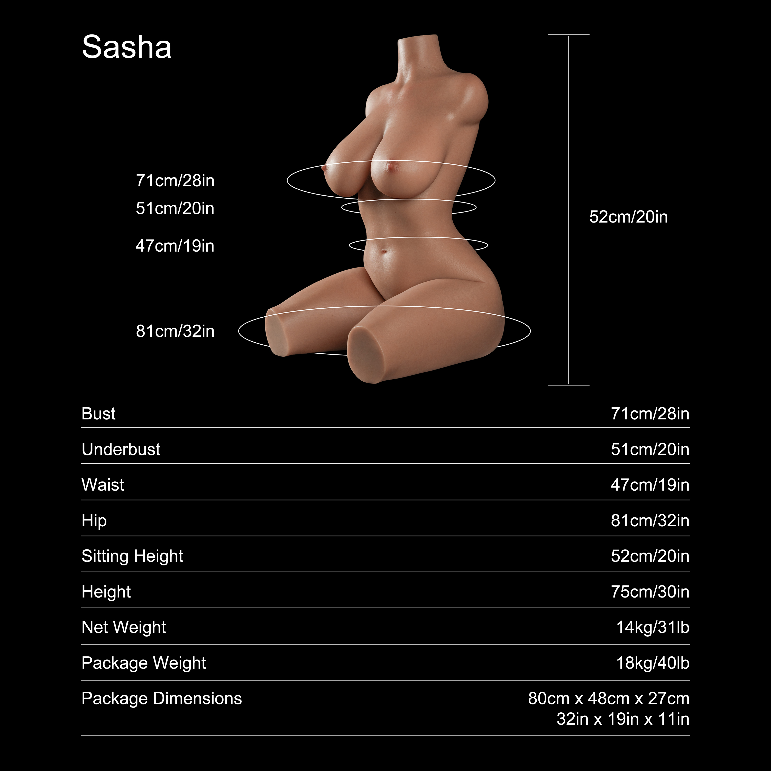 Dripana Sasha 75cm E-Cup Torso Tan – rozměry, hmotnost a technické parametry