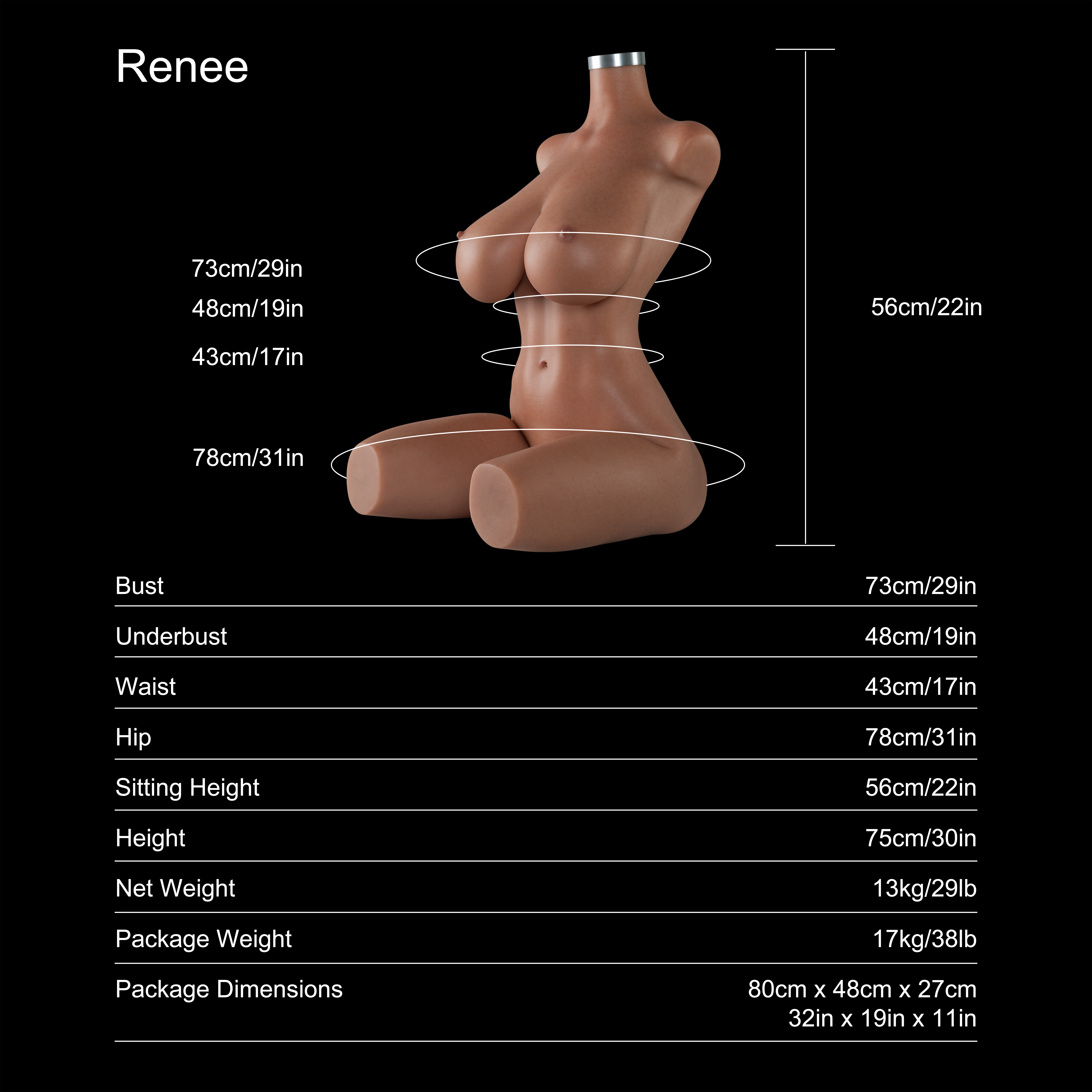 Dripana Renee 75cm G-Cup Torso Tan – wymiary, waga i parametry techniczne