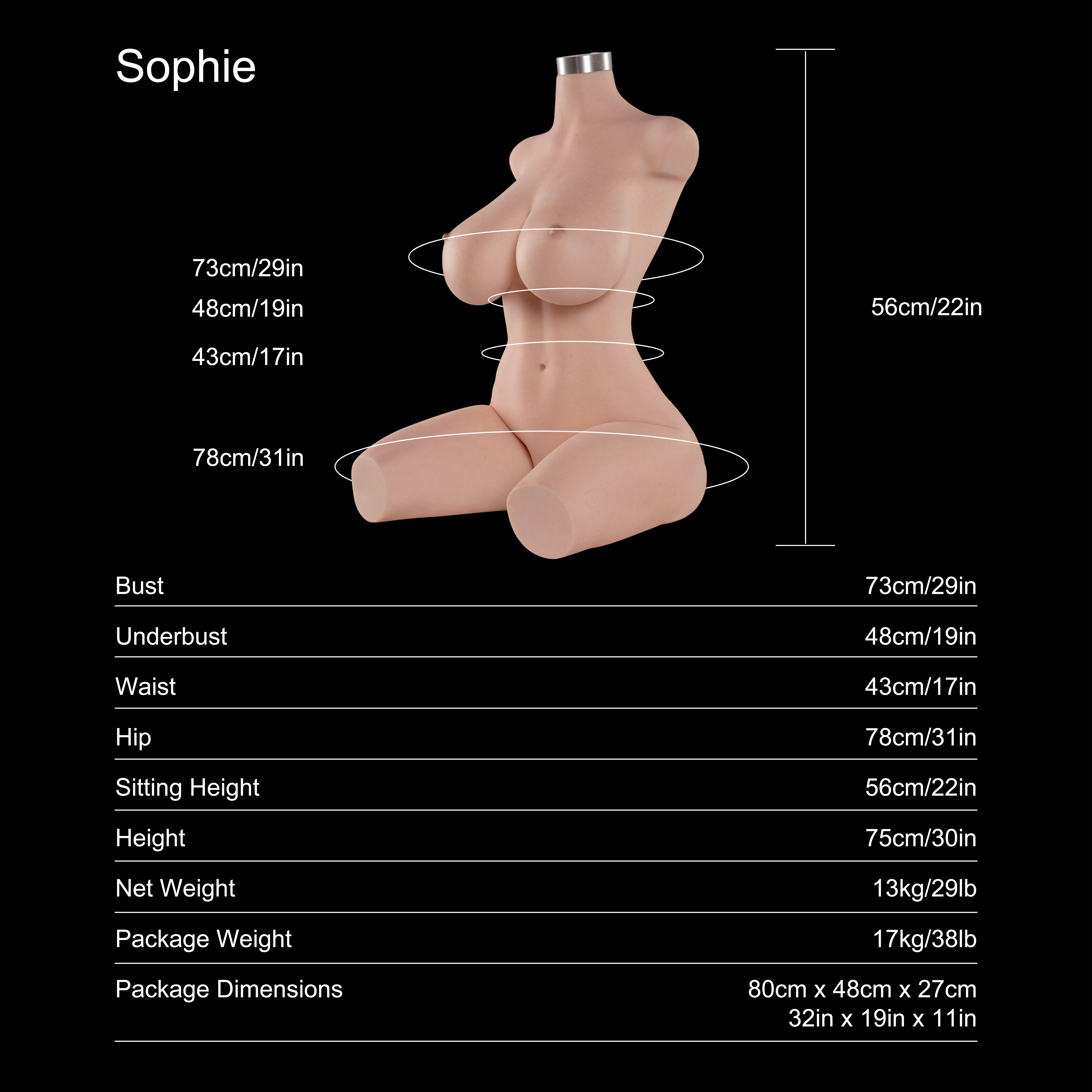 Dripana Sophie 75cm G-Cup Torso Fair – wymiary, waga i parametry techniczne