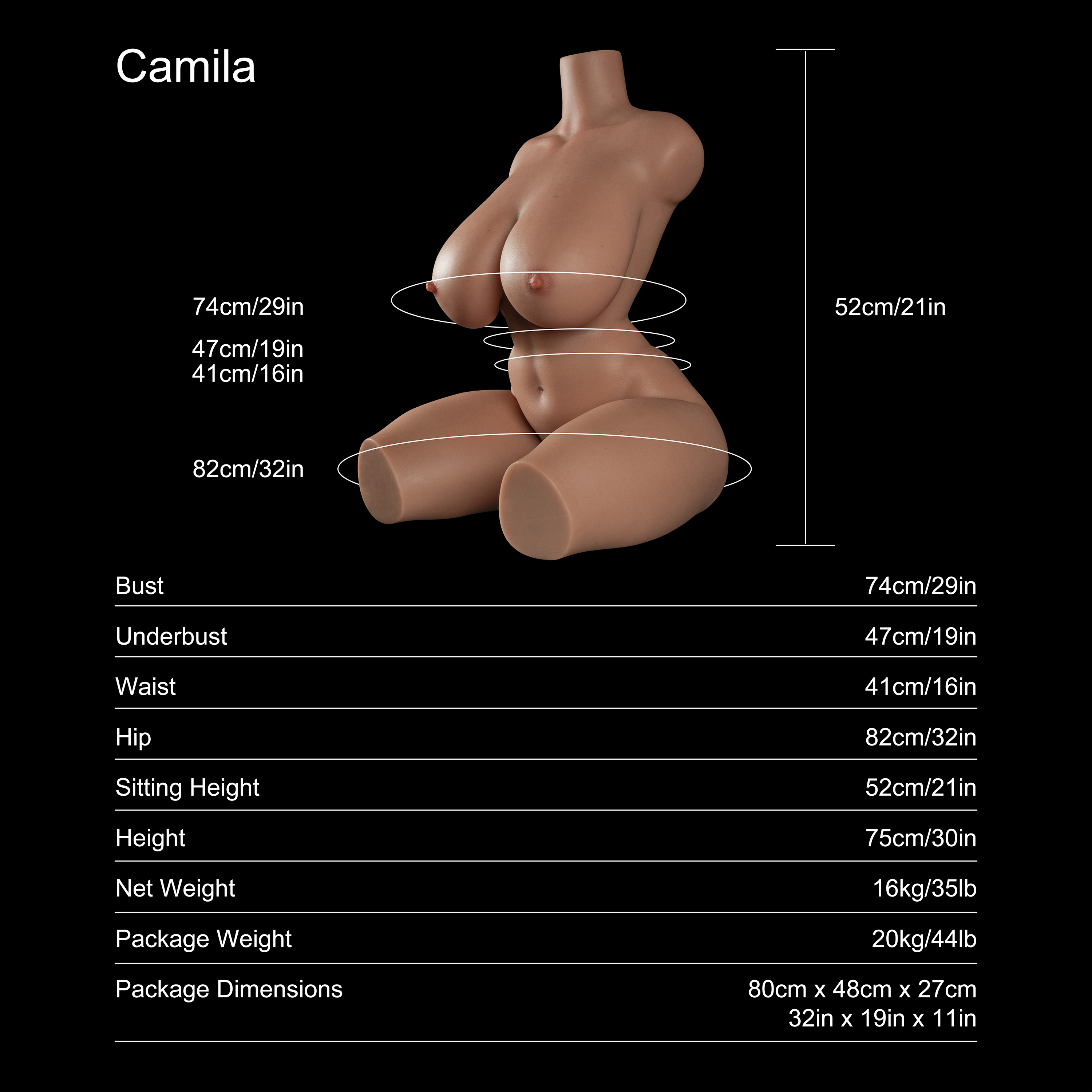Dripana Camila 75cm H-Cup Torso Tan – rozmery, hmotnosť a technické parametre