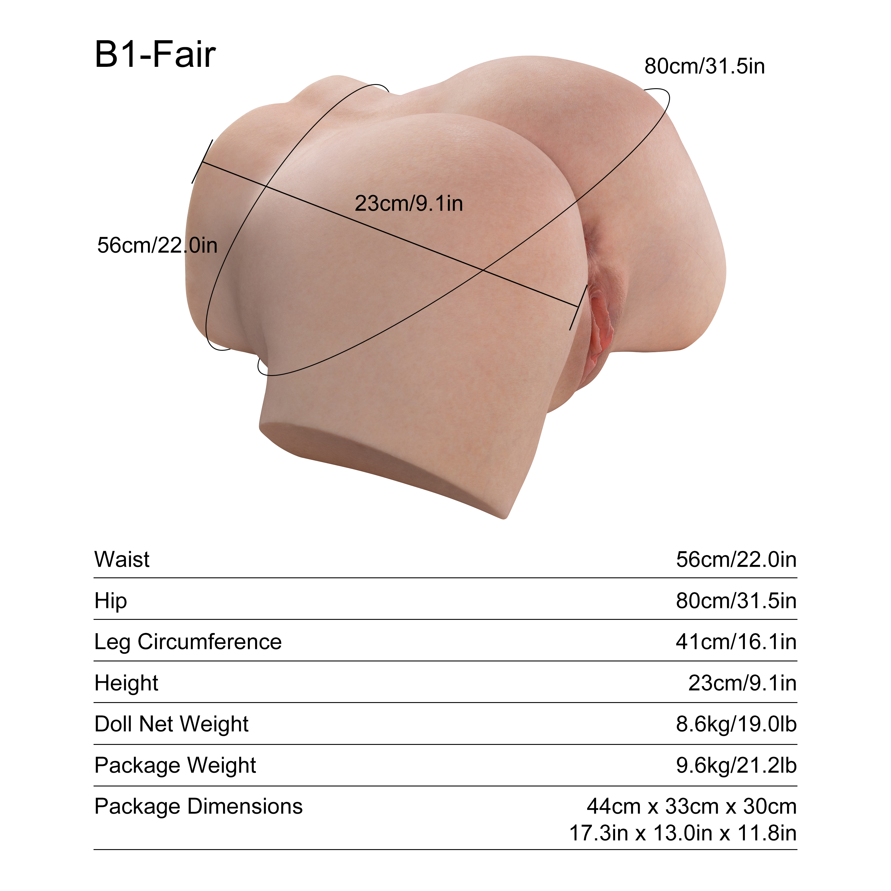 Dripana Saoirse 8.6KG Butt Torso B1 Fair – rozměry, hmotnost a technické parametry