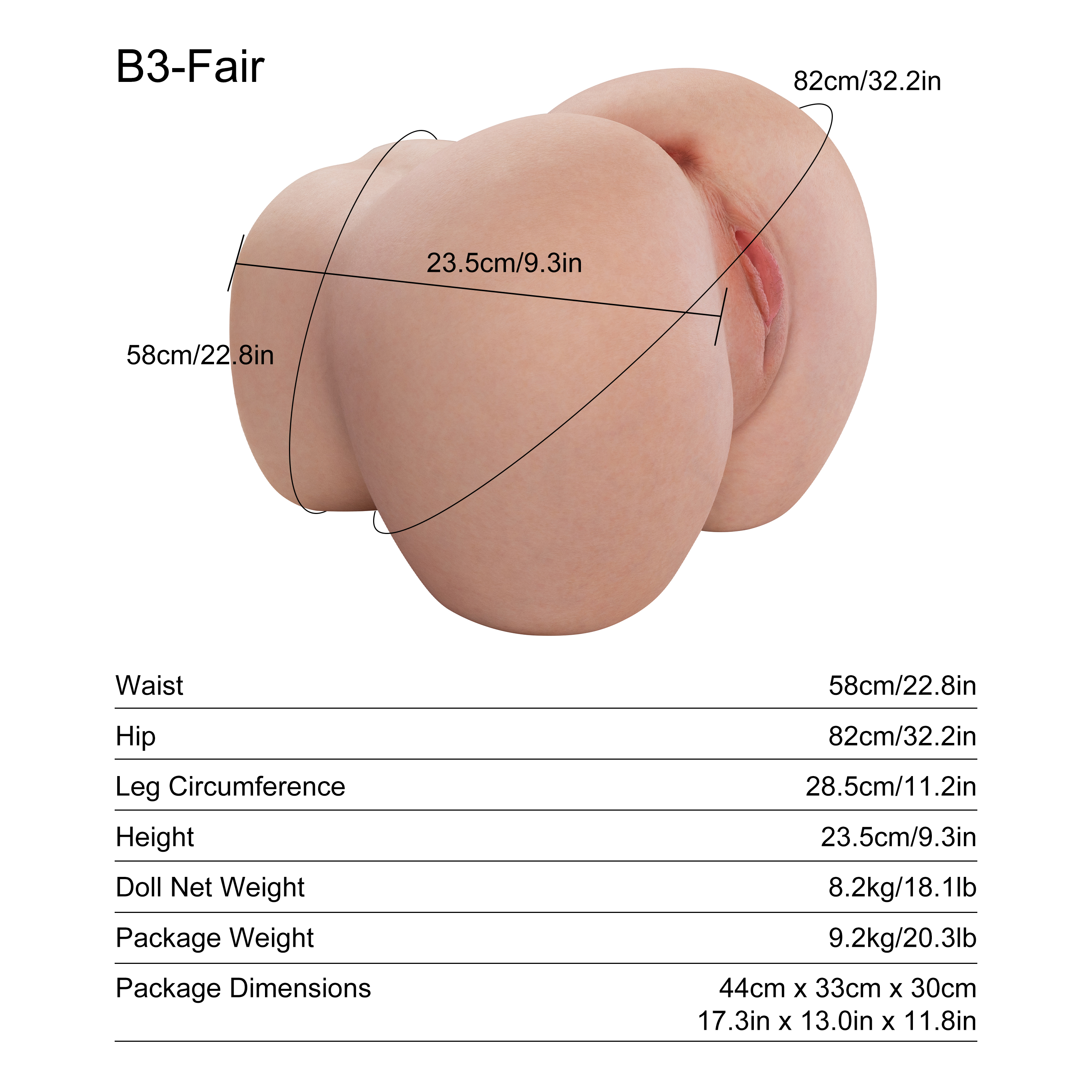 Dripana Rosaline 8.2KG Butt Torso B3 Fair – rozměry, hmotnost a technické parametry