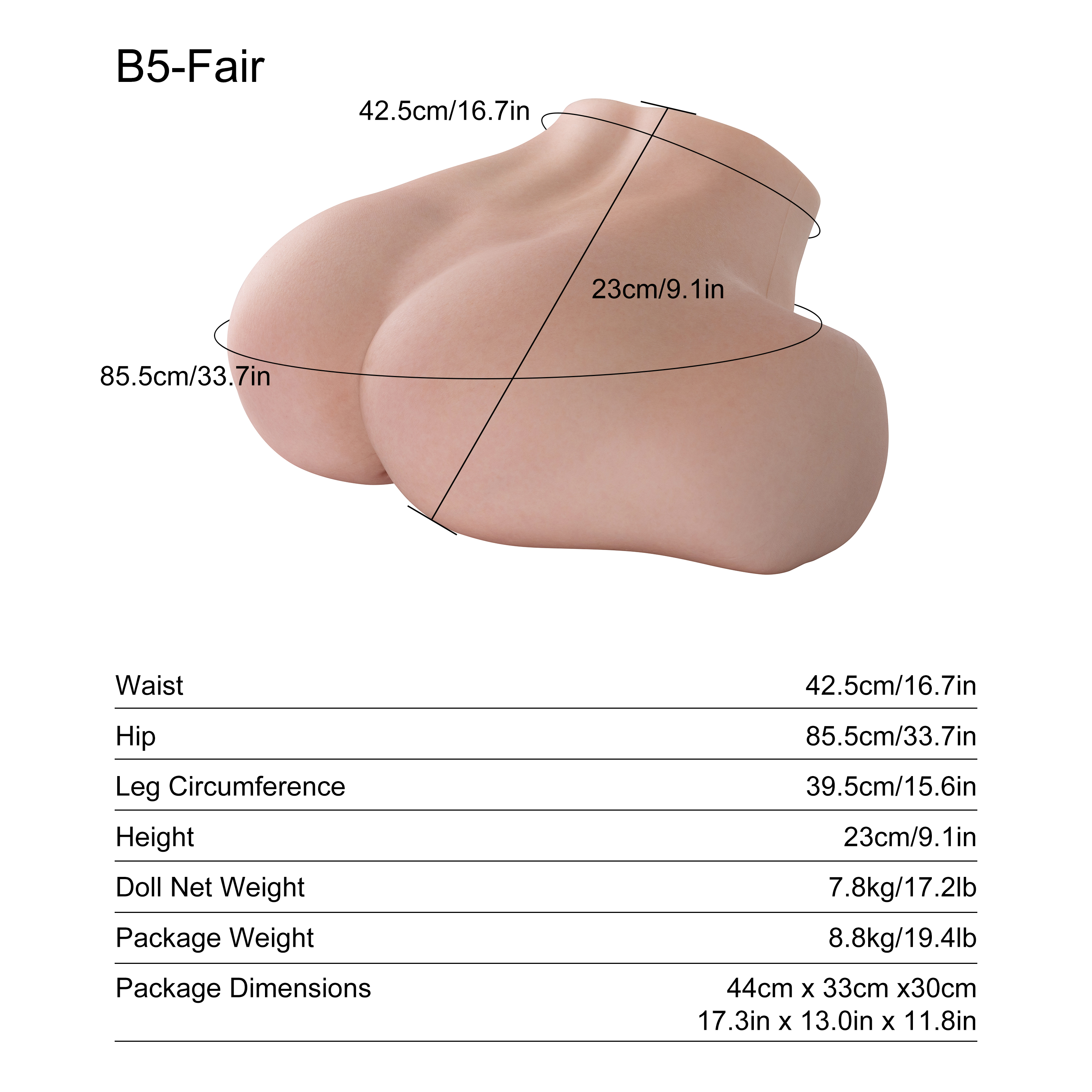 Dripana Noemi 7.8KG Butt Torso B5 Fair – rozměry, hmotnost a technické parametry