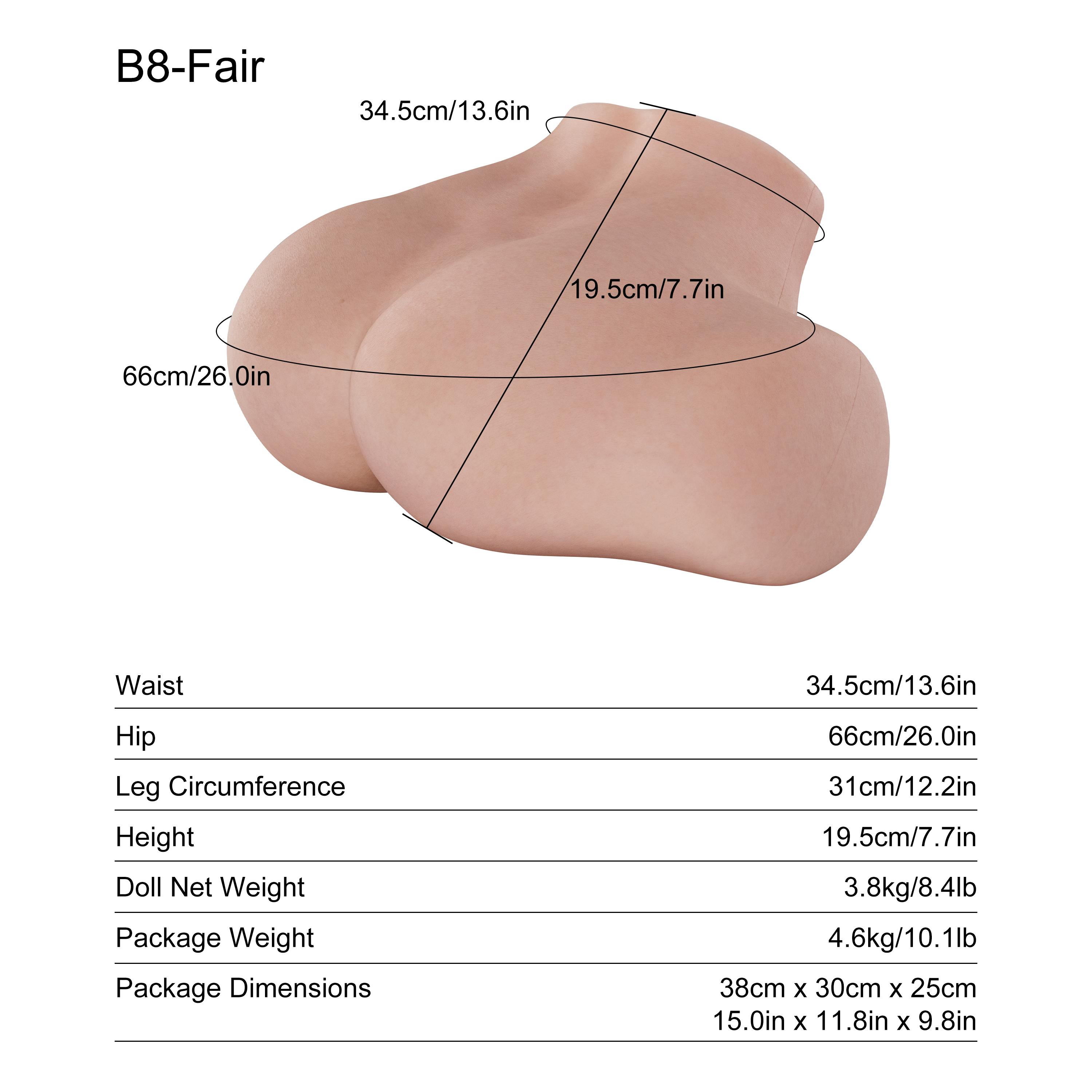 Dripana Zara 3.8kg Mini Butt Torso B8 Fair – rozměry a technické parametry