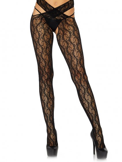 Leg Avenue floral crotchless wrap tights - Black - O/S