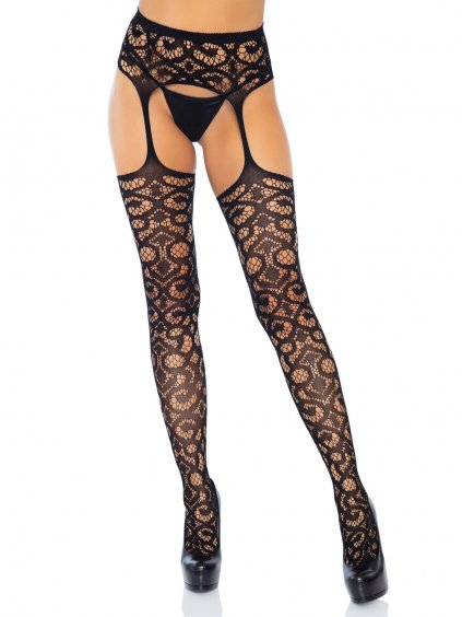 Leg Avenue Scroll Lace Garterb. Stockings - Black - O/S