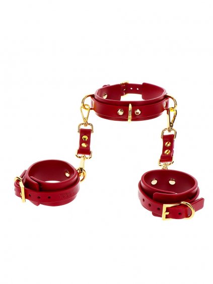 Taboom Bondage in Luxury D-Ring Collar and Wrist Cuffs - Red