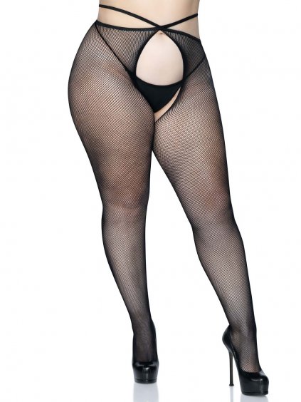 Leg Avenue Strappy crotchless tights + - Black - 1X/2X