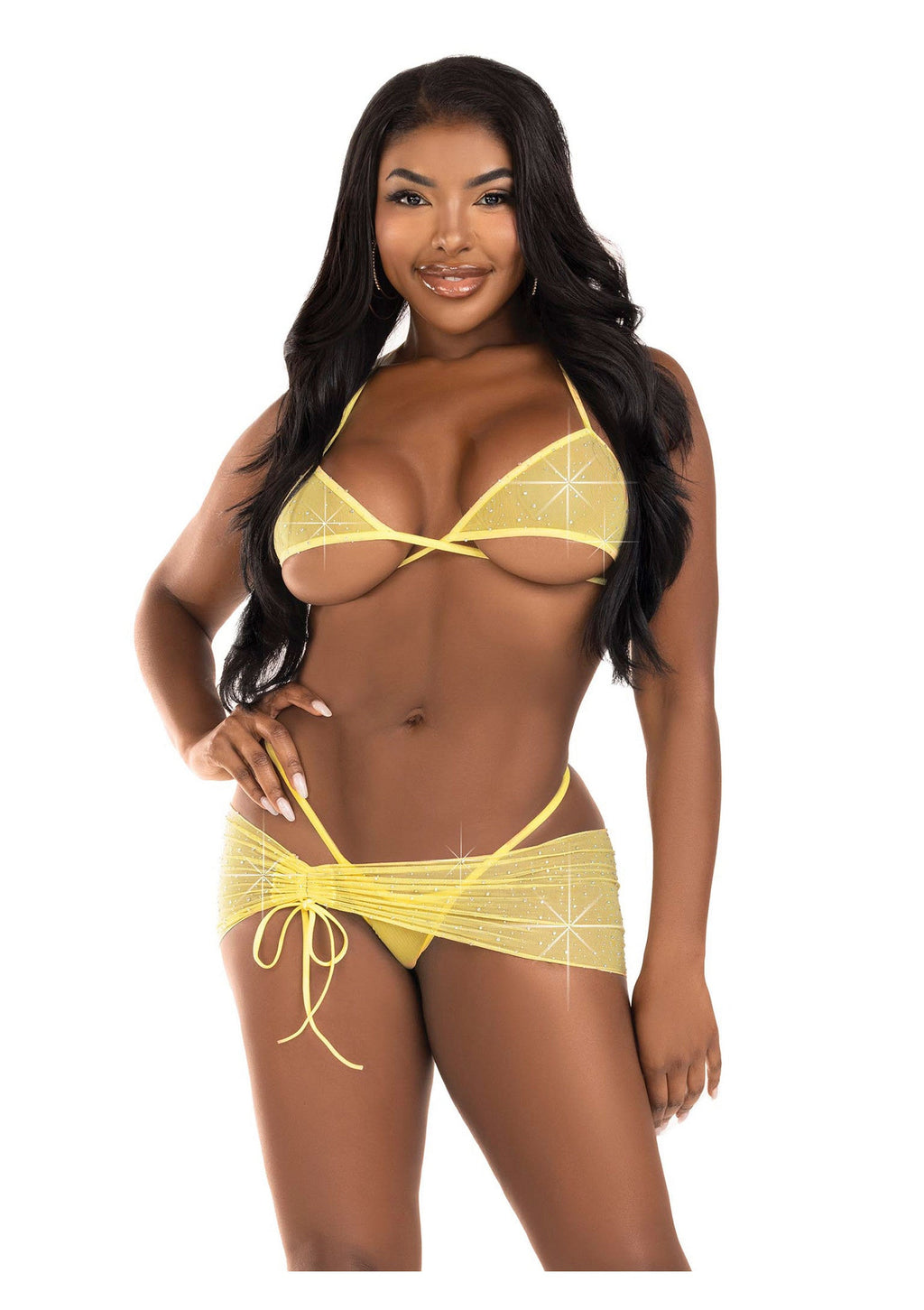 Leg Avenue Very Sexy Lingerie Mesh top,g-string & sarong - Yellow - M/L