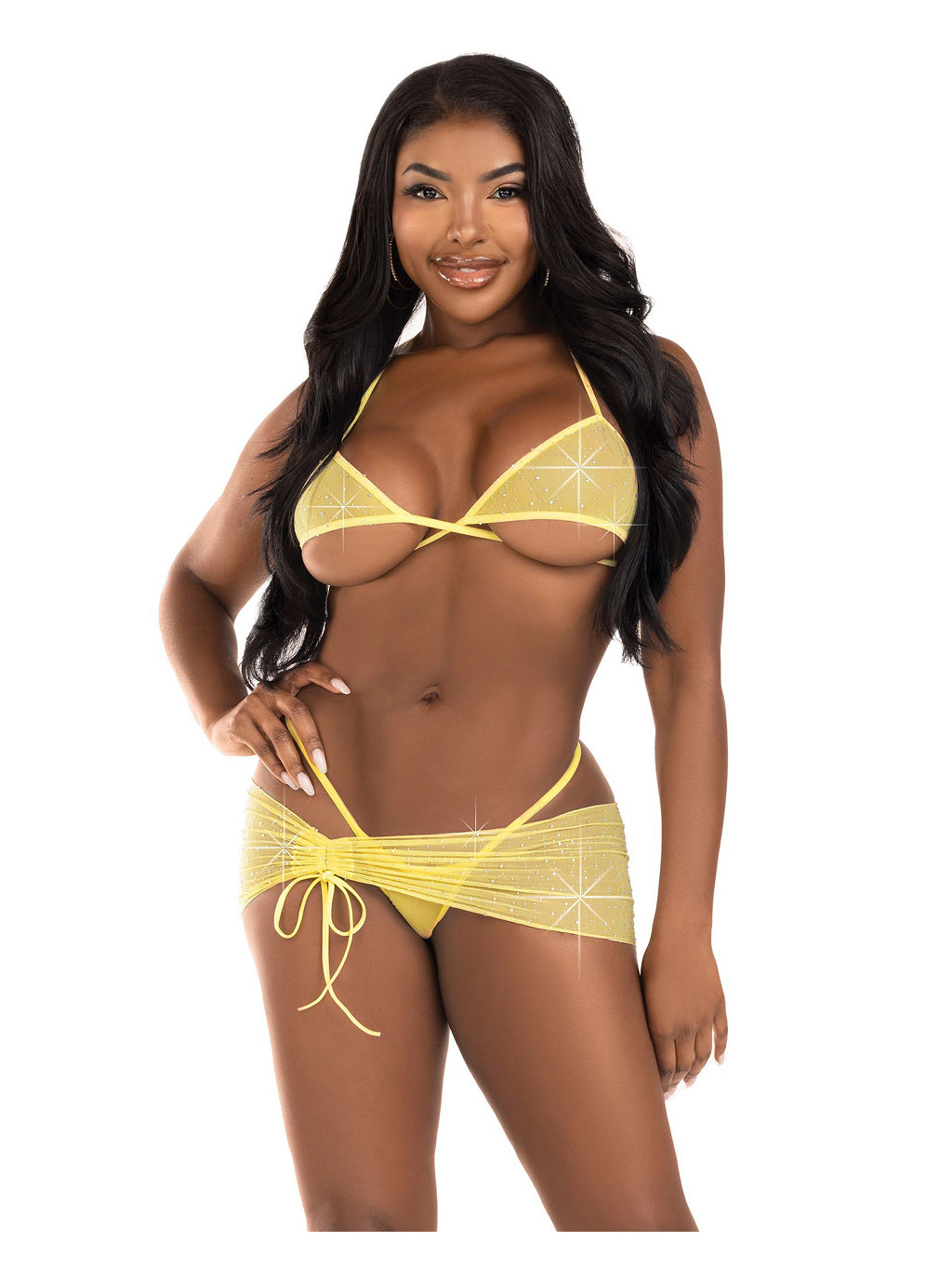 Leg Avenue Very Sexy Lingerie Mesh top,g-string & sarong - Yellow - M/L
