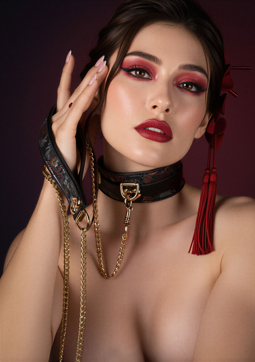 Geisha Floral Jacquard Collar & Leash - BLACK