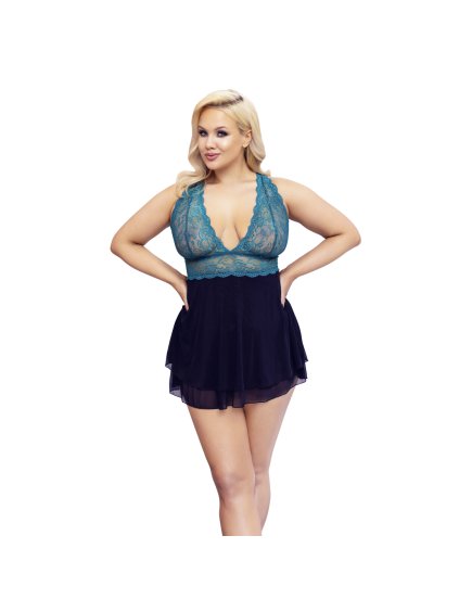 Noční košilka Cottelli CURVES Babydoll petrol (velikost prádla XL, barva Černá / zelená)
