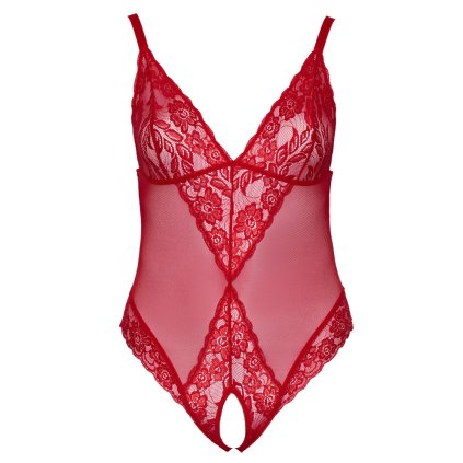 Červené krajkové body XL s otevřeným rozkrokem Cottelli Curves (Velikost XL)