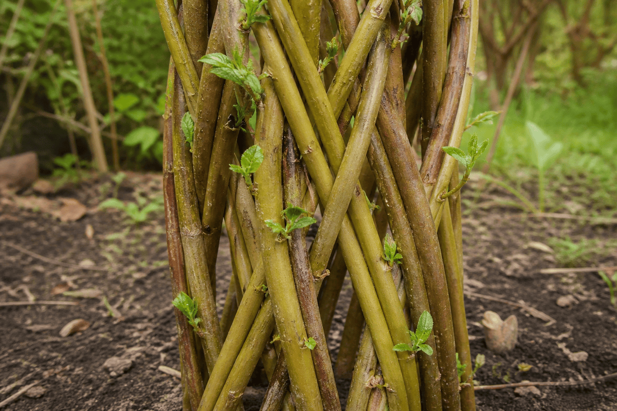 Detail zapleteného kmeňa pletenej vŕby Salix Americana s novými výhonkami