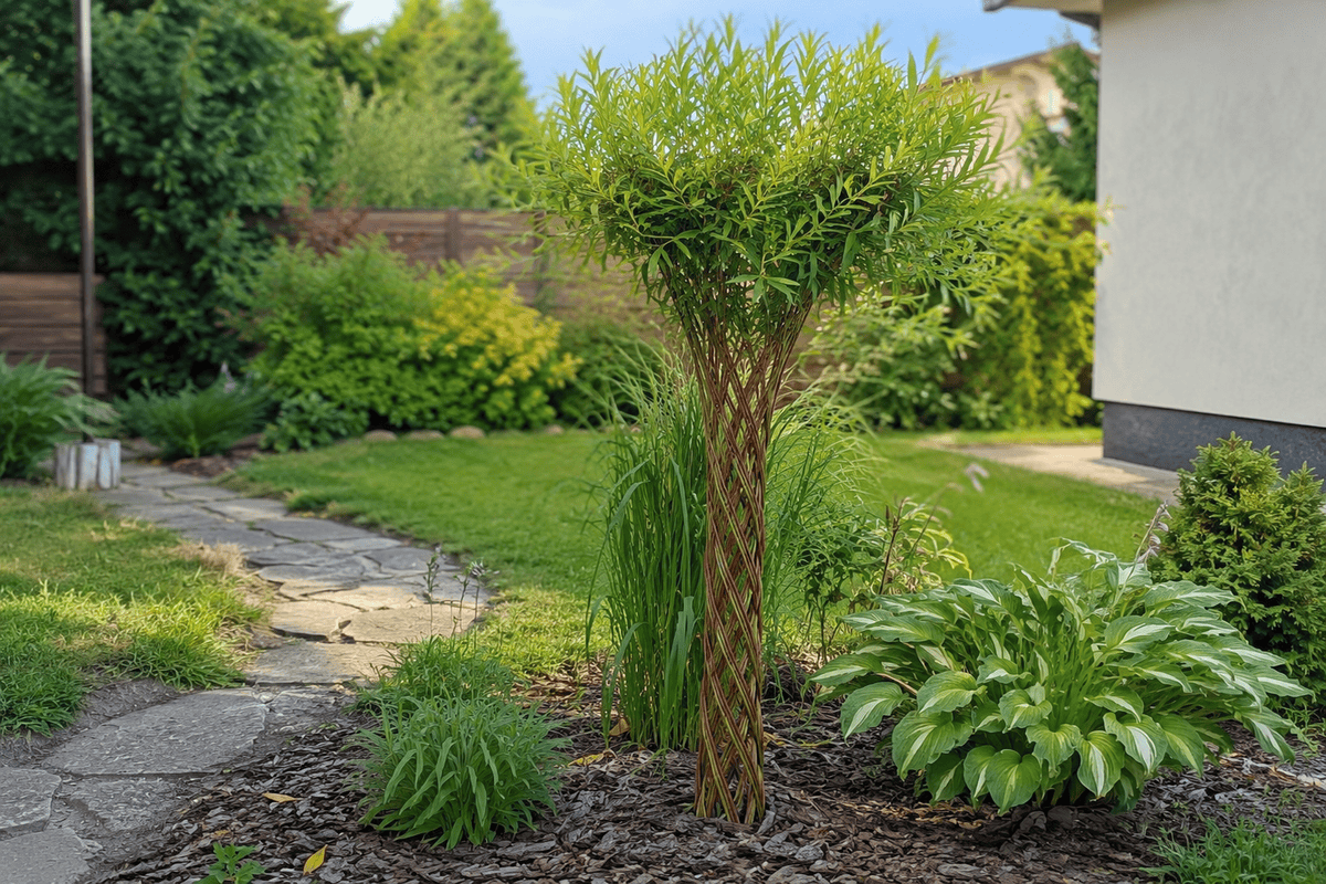 Pletená vŕba Salix Americana v predzáhradke pri rodinnom dome