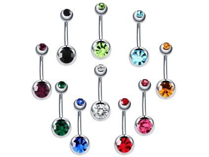 Ocelový piercing do pupíku double kamínek barevný