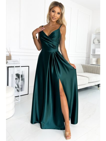 299 9 damske spolocenske satenove maxi saty zelene na ramienka s rozparkom3