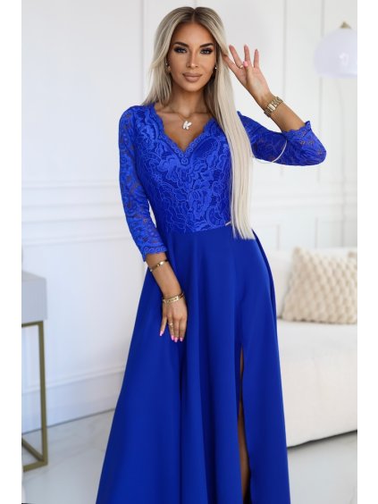 309 12 damske spolocenske dlhe saty modre s krajkou a rozparkom4