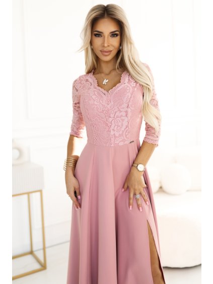 309 13 damske spolocenske dlhe saty pudrovo ruzove s krajkou a rozparkom5