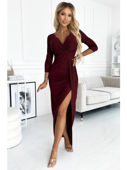 404 5 damske spolocenske dlhe trblietave vinove saty s rozparkom a vystrihom 3