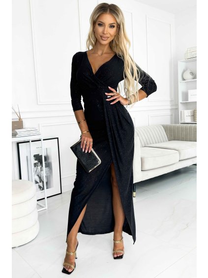 404 6 damske spolocenske dlhe trblietave cierne saty s rozparkom a vystrihom 3