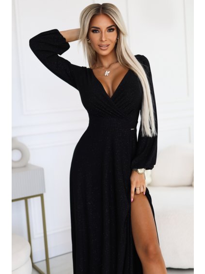 572 2 damske spolocenske dlhe leskle saty cierne s rozparkom a dlhymi rukavmi5