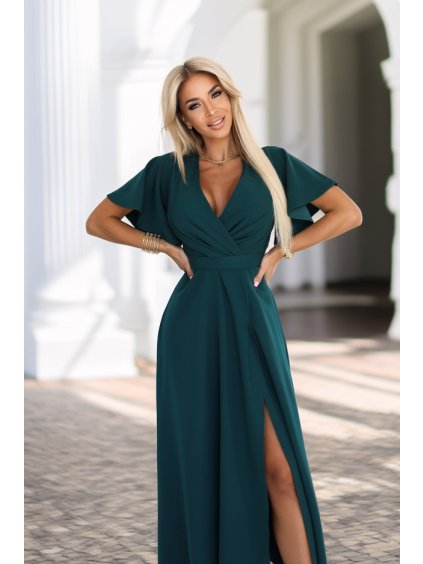 581 8 damske spolocenske dlhe saty tmavozelene s rozparkom a volanikmi9