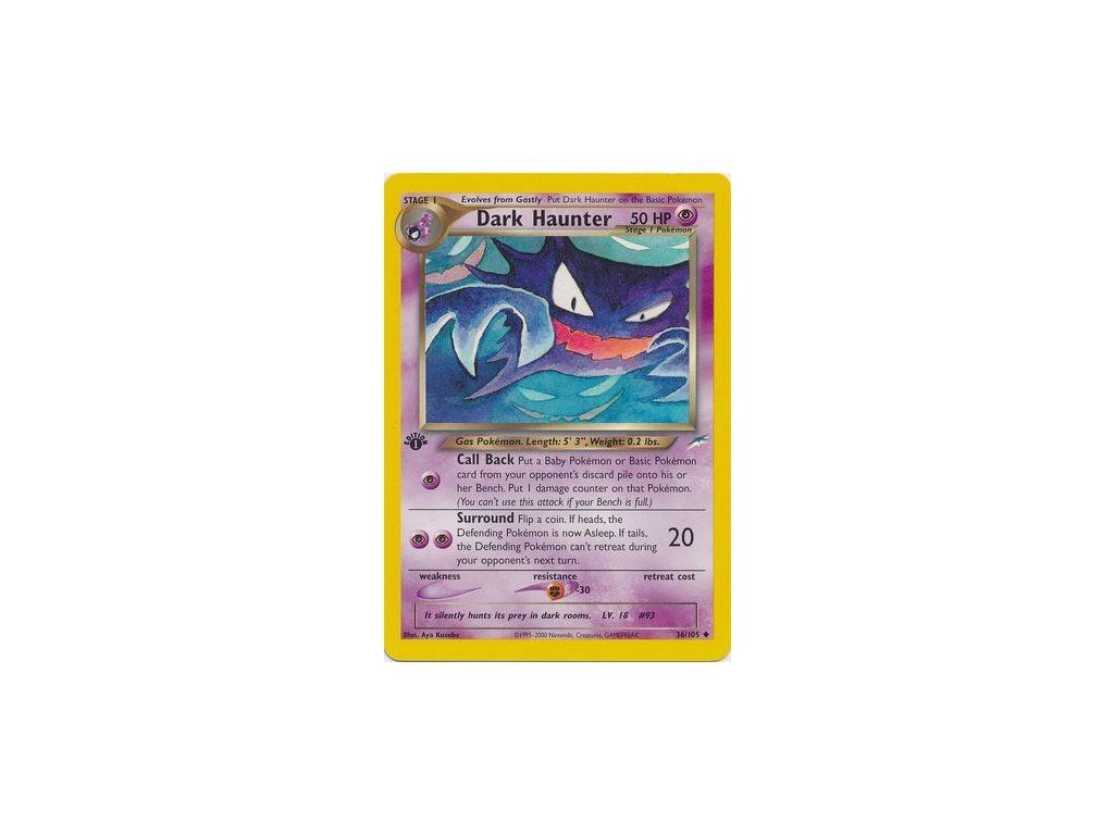 dark haunter pokemon card 36/105 its spectral design and holographic shimmer making it a standout piece from the final set of the Neo Series Pokemon dark haunter ex
