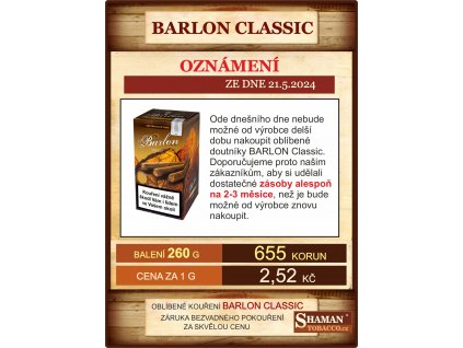 banner oznameni BARLON Classic SHAMANTOBACCO.cz 01