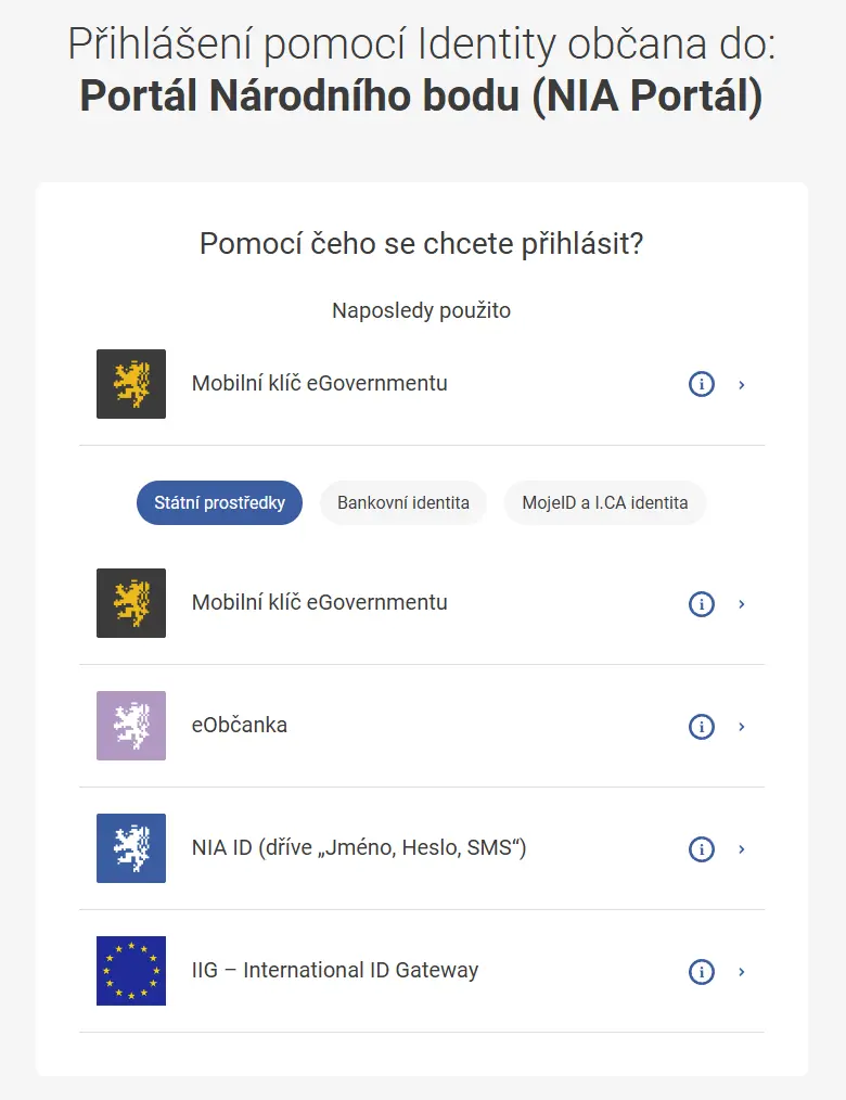 Výběr metody přihlášení v NIA