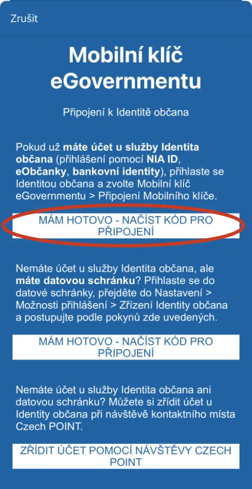 Načtení kódu pro mobilní klíč